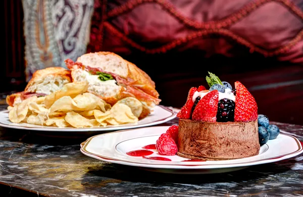 Layered parfait photographed against a clean backdrop