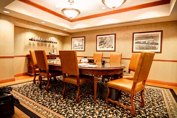 Boardroom photographed corner-wide before a meeting