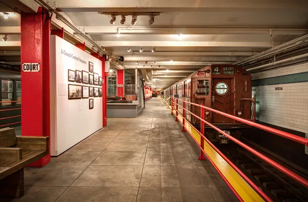 Long view down a corridor of exhibits